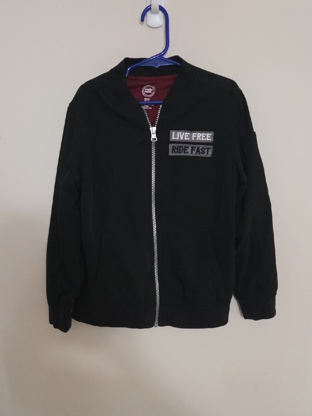 Wonder Nation Black Zip-Up Bomber Jacket with 'Live Free Ride Fast' Patch